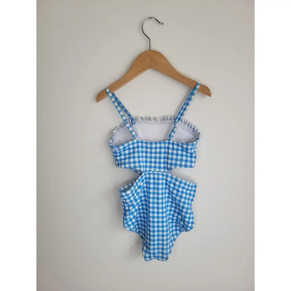 Cat & Jack Blue Gingham Cut Out One Piece Swimsuit XS 4-5 Yr